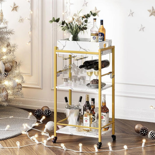 Gold Bar Cart - 3-Tier Rolling Beverage Cart with Removable Tray & Wine Rack | Stylish Small Drink Cart for Kitchen & Living Room