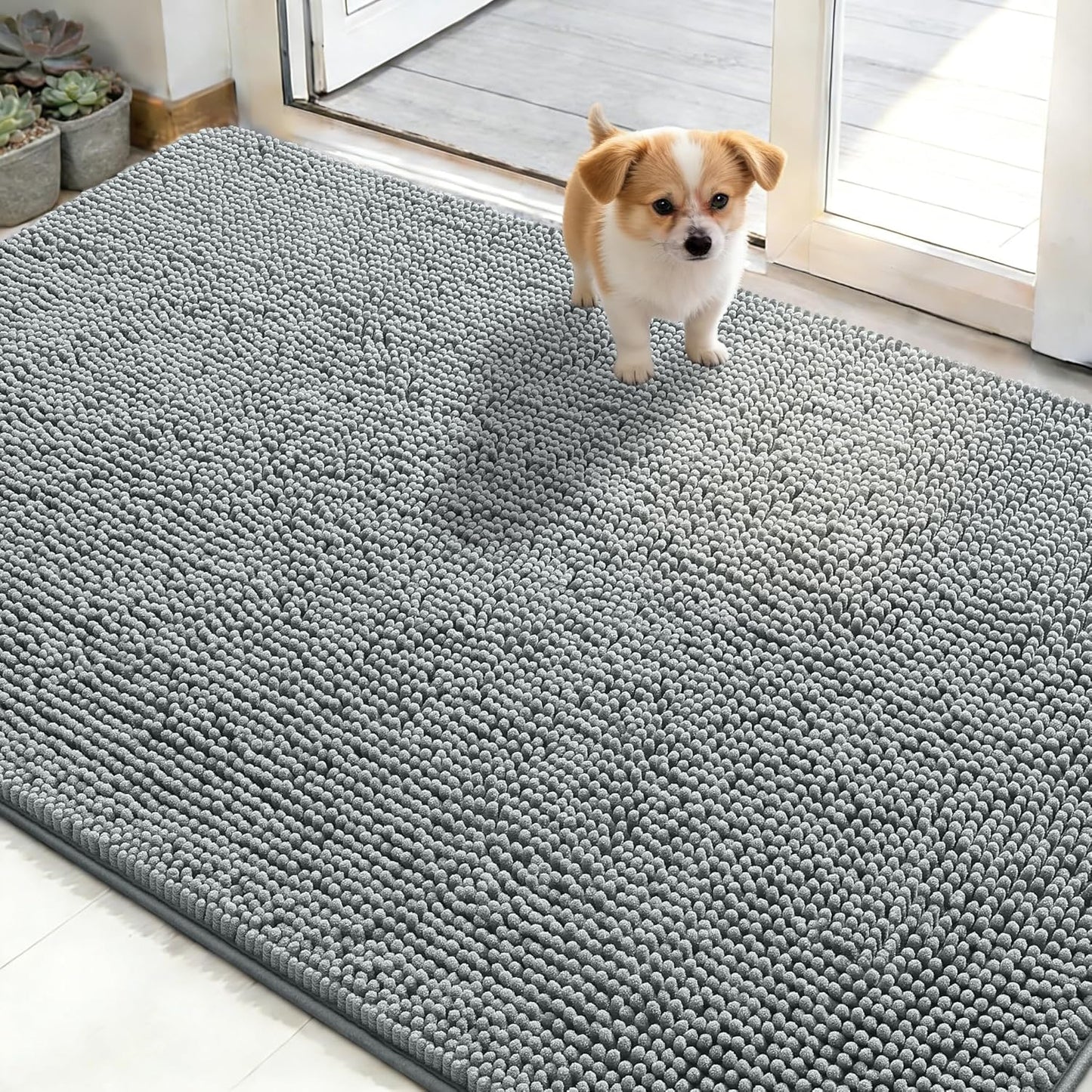 Dog Door Mat for Muddy Paws - Absorbent Non-Slip Chenille Doormat | 48x30 Grey Indoor Carpet