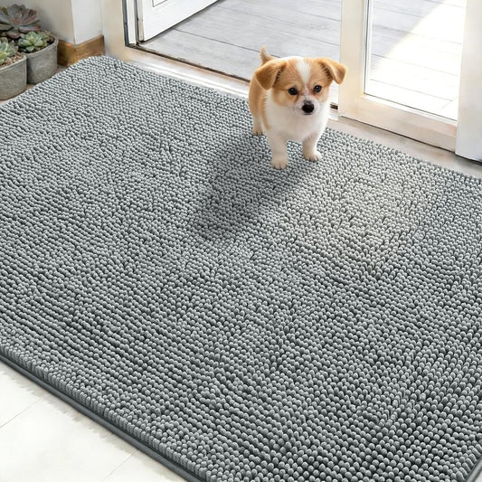 Dog Door Mat for Muddy Paws - Absorbent Non-Slip Chenille Doormat | 48x30 Grey Indoor Carpet