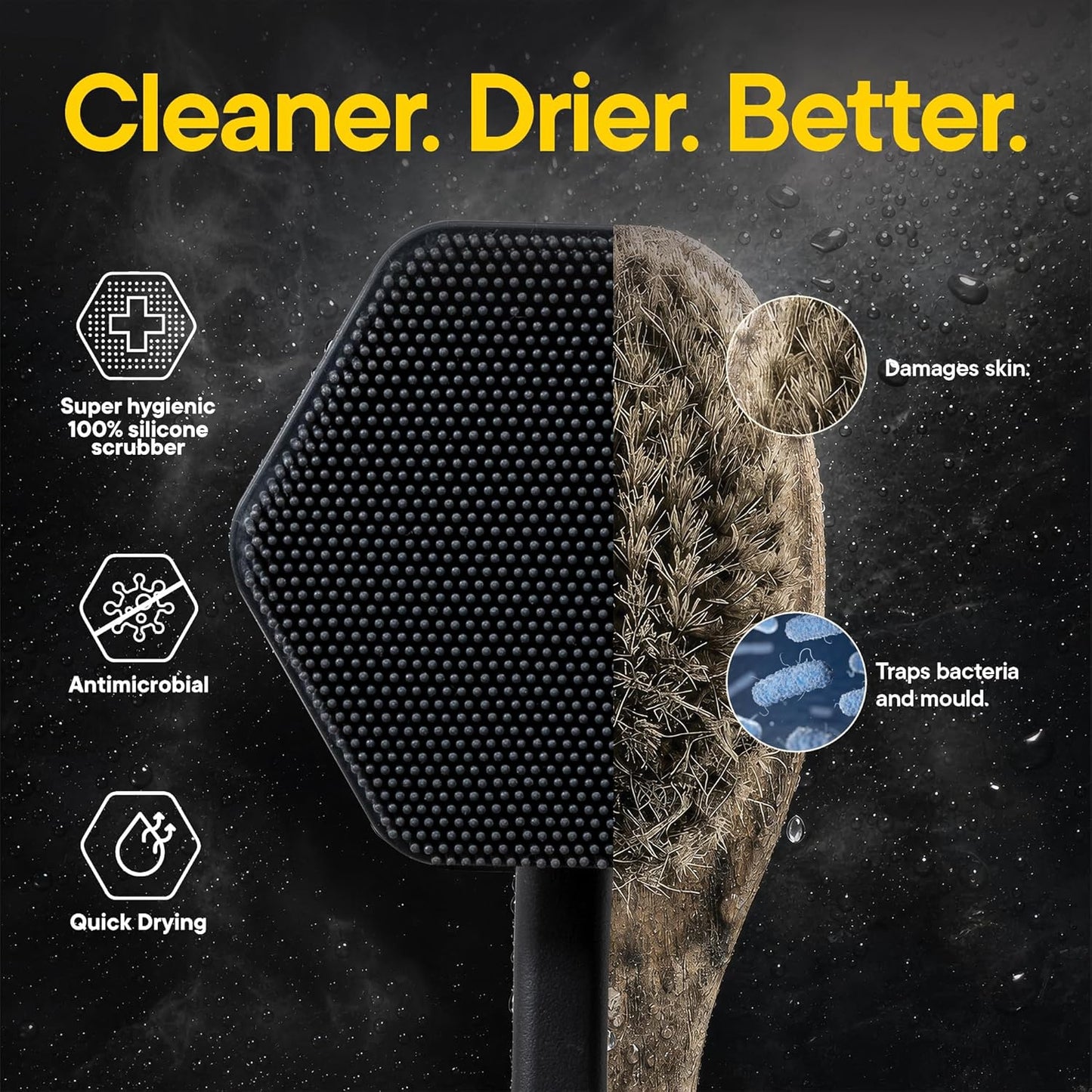 Silicone Back Scrubber - Exfoliating Bath Brush with Long Ergonomic Handle & Non-Slip Grip | Charcoal