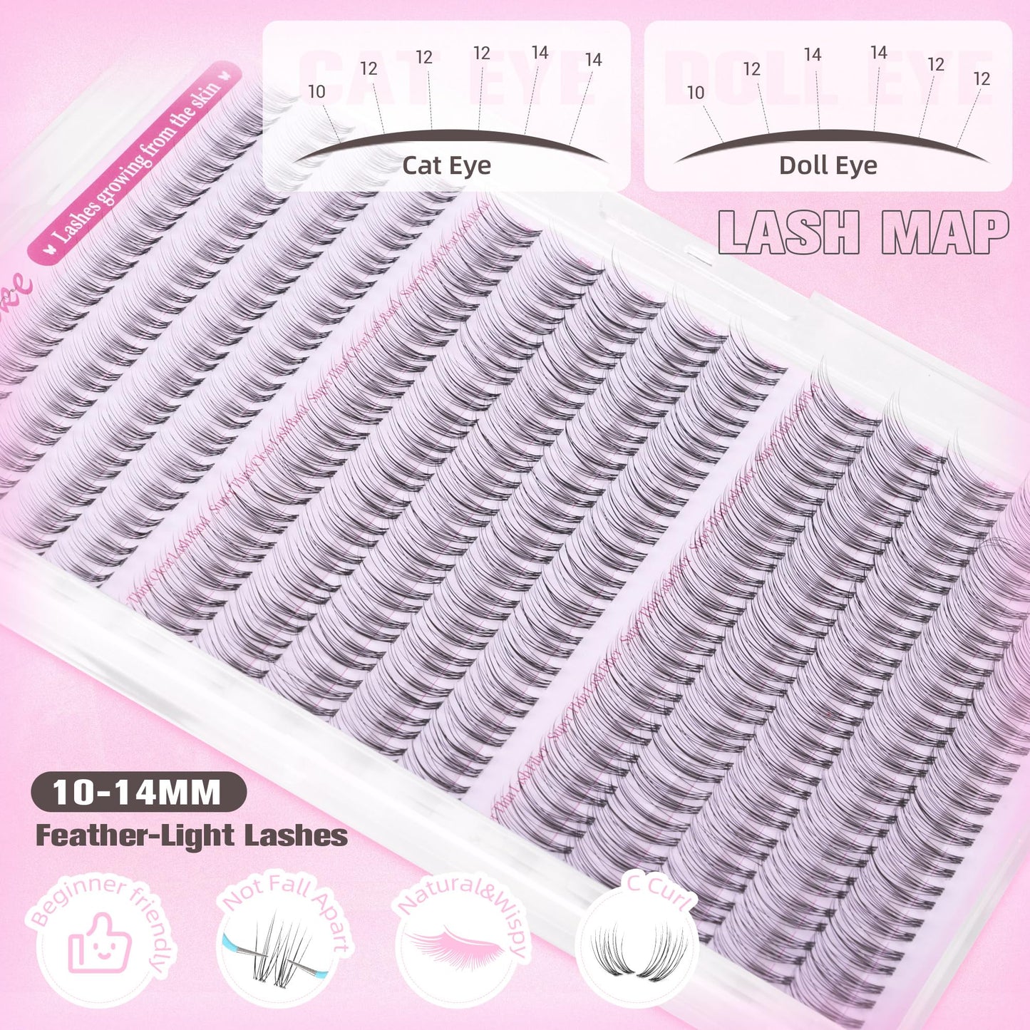 Natural Lash Clusters Wispy Eyelash Clusters Short 10-12-14MM Cluster Eyelash Extensions Clear Band Cluster Lashes 224PCS C Curl Individual Lashes for Clean Girl DIY Pestañas Postizas Naturales