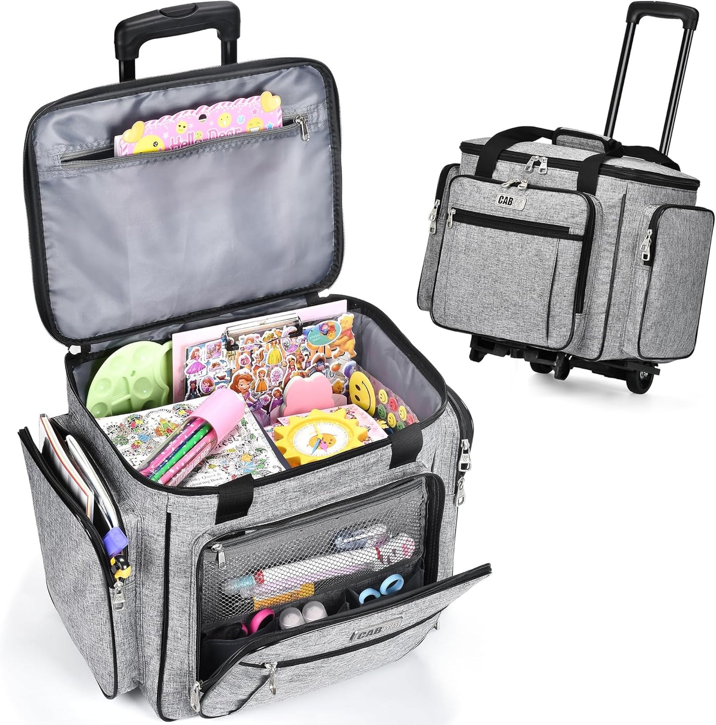 Rolling Craft Bag - Tote with Wheels for Easy Transport | Grey Teacher Bag with Removable Hand Truck