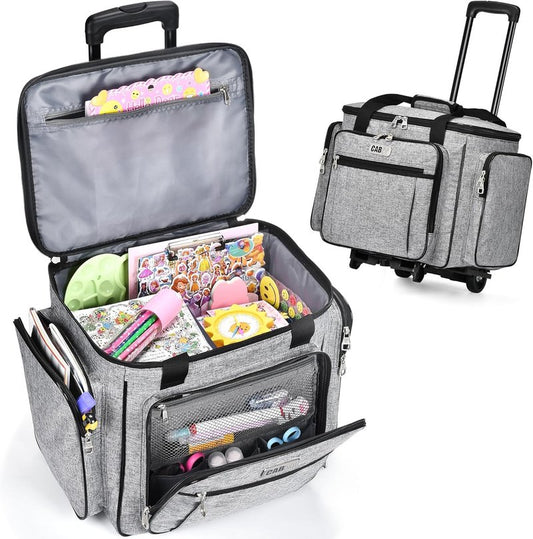 Rolling Craft Bag - Tote with Wheels for Easy Transport | Grey Teacher Bag with Removable Hand Truck