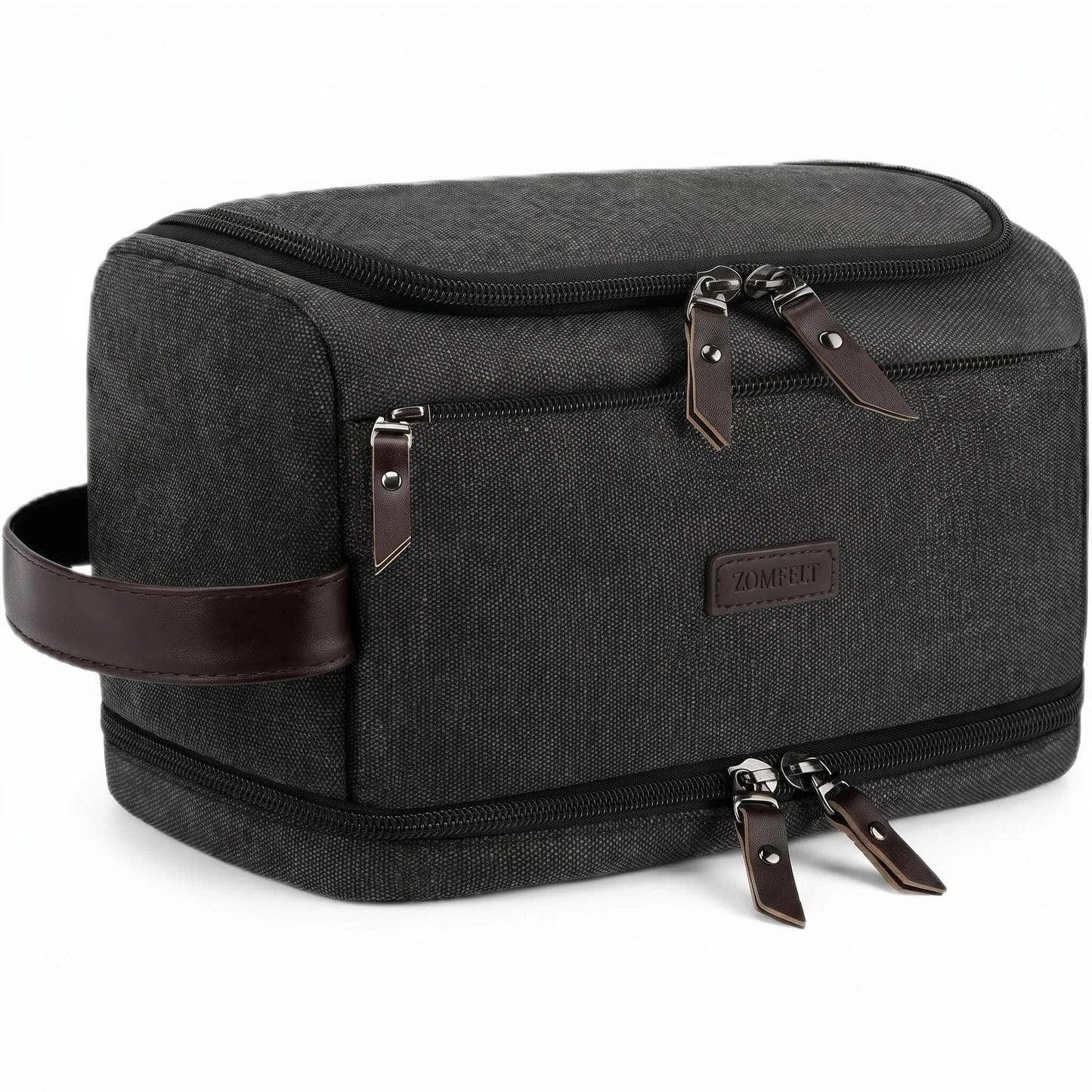 ZOMFELT Toiletry Bag for Men, Dual Layers Canvas Travel Toiletries Bag, Water-Resistant Travel Organizer with Elastic, Large Capacity Dopp Kit, Hanging Shaving Hygiene Bag, Black