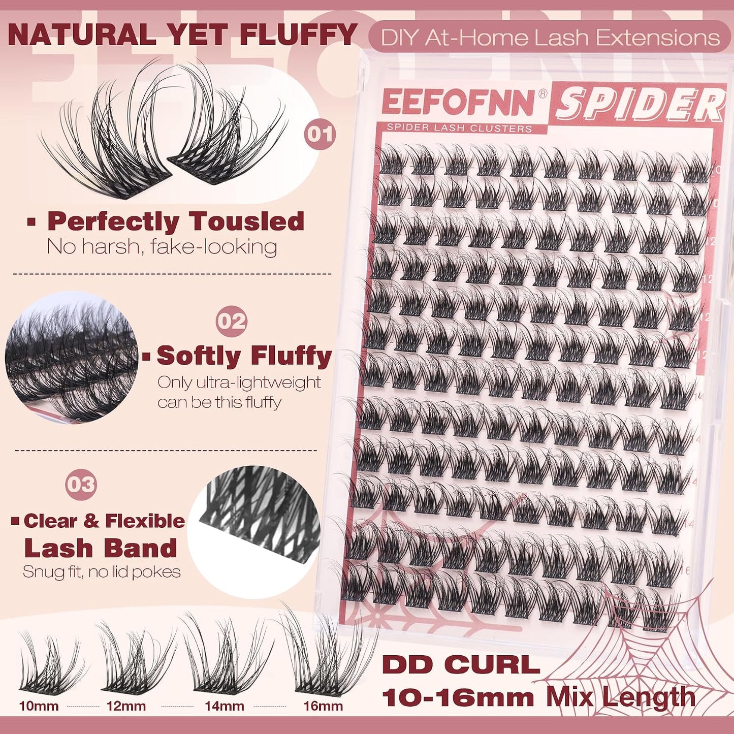 Natural D Curl Eyelash Extensions - Wispy Lash Clusters 10-16mm | Fluffy Velour Individual Lashes with Soft Band
