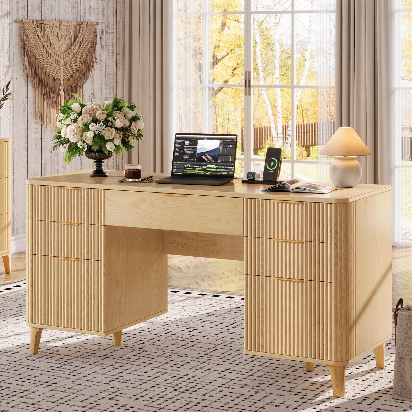 Oxirth 55.1" Fluted Executive Desk with Drawers, Wood Computer Desk with Storage Cabinet, Home Office Desk with Charging Station, Farmhouse Desk with File Cabinet for Office Home (Nature)