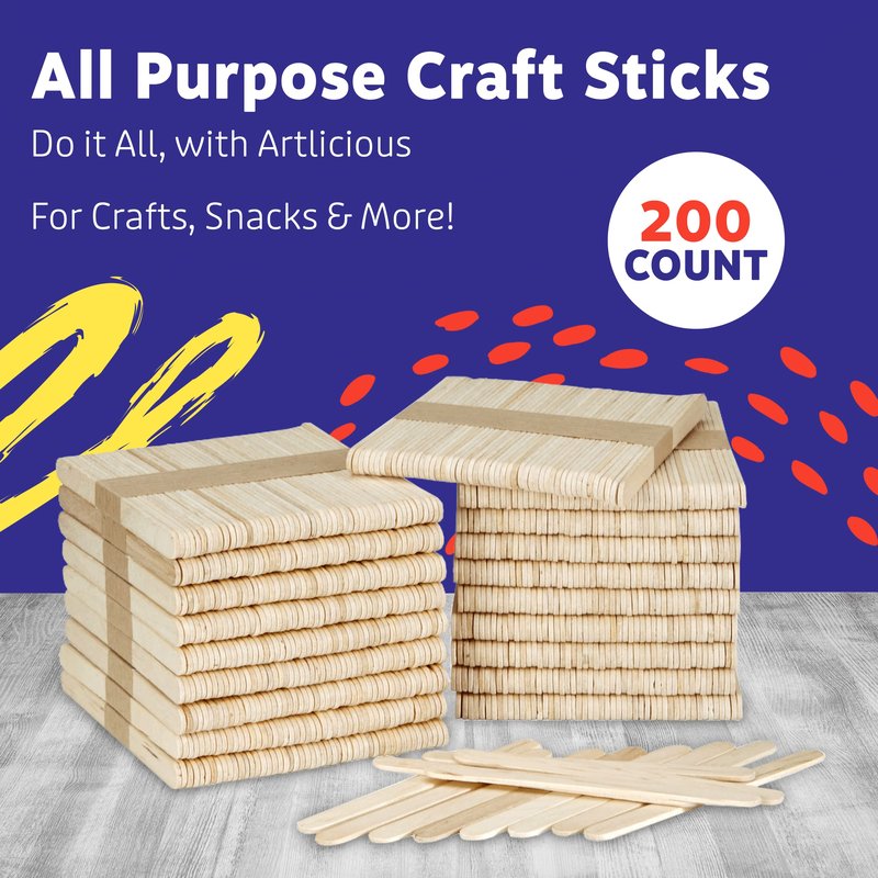 Artlicious 200 Pcs Wooden Craft Sticks – Food-Grade Popsicle Sticks for Crafts & ice Cream Sticks – Wooden Sticks for Crafts, Wood Craft Sticks, Popsicle Sticks Bulk (Natural, 4" x 0.5" x 4.5")