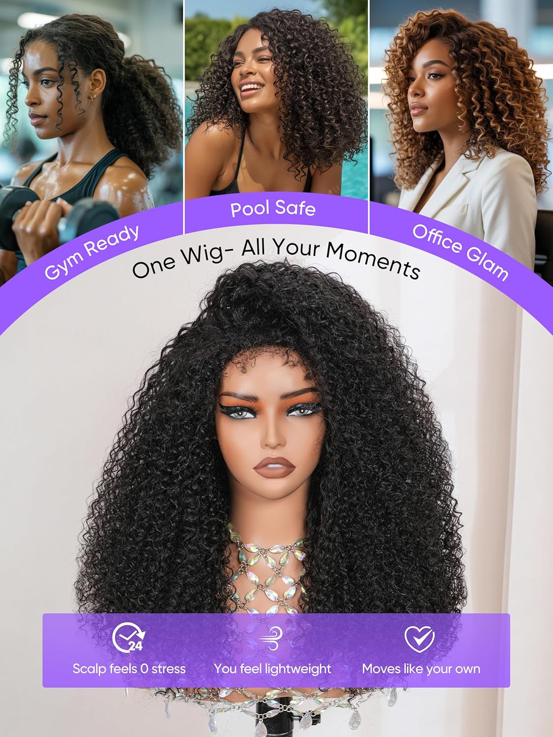 Kinky Curly Half Wig - Virgin Human Hair 1B | Glueless Drawstring | 22" True Length for Active Wear
