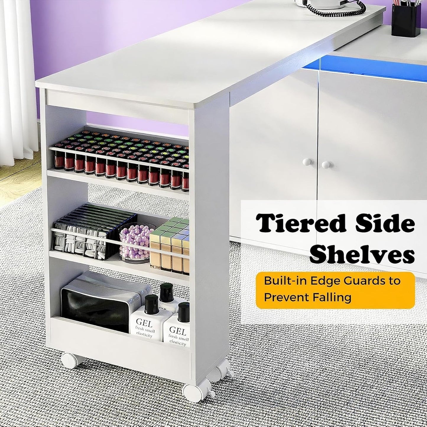L-Shaped Manicure Table - Modern Nail Salon Desk with Storage & LED Light | White, Convertible Design