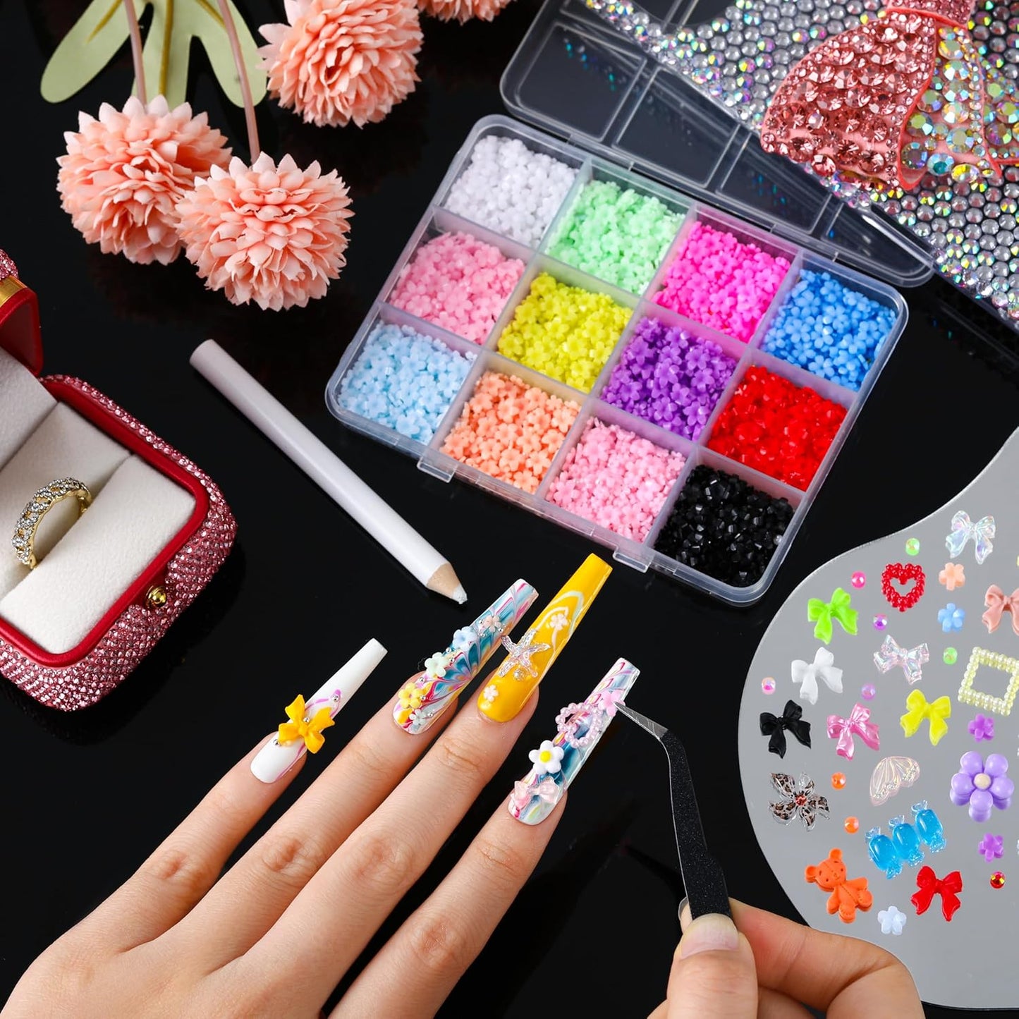 3D Nail Art Accessories Kit - 24 Colors Resin Rhinestones, Flowers & Bowknots | 12-Grid Storage for DIY Manicure