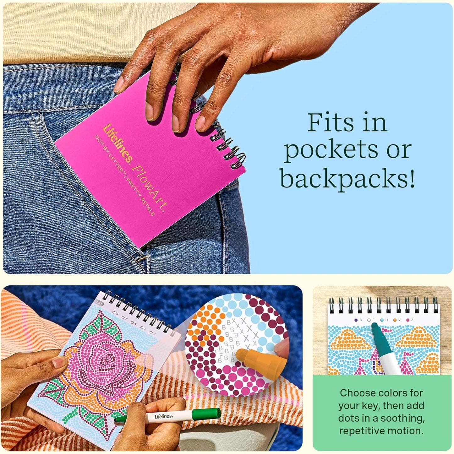 FlowArt Mini Activity Pads - Guided Dot-by-Letter Art Meditations | 3-Pack with 15 Markers & 60 Scenes for All Ages
