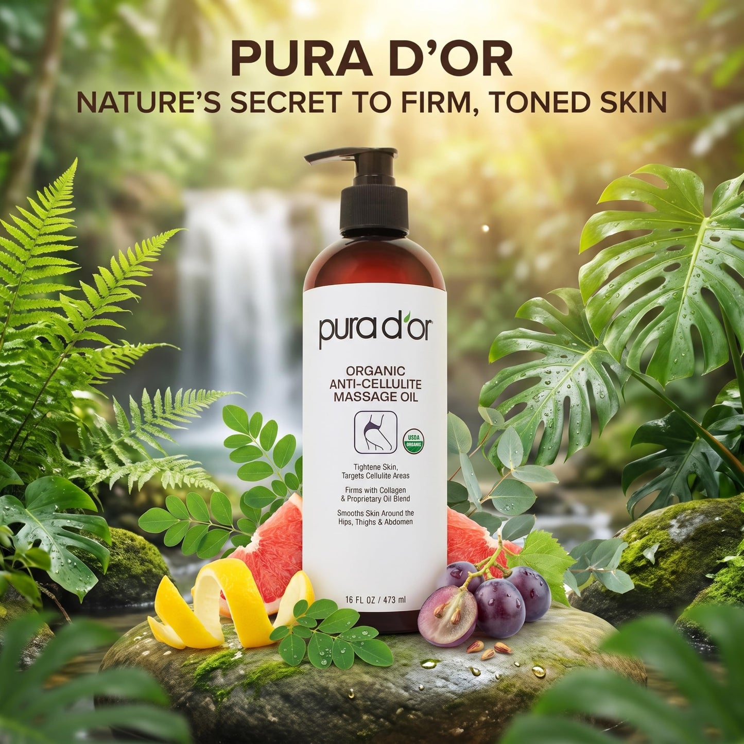 PURA D’OR 16 Oz Organic Anti-Cellulite Massage Oil for Toned Legs and Butt - Lemon Peel, Moringa, Grape Seed, Grapefruit & Eucalyptus Oils - Skin Firming & Tightening