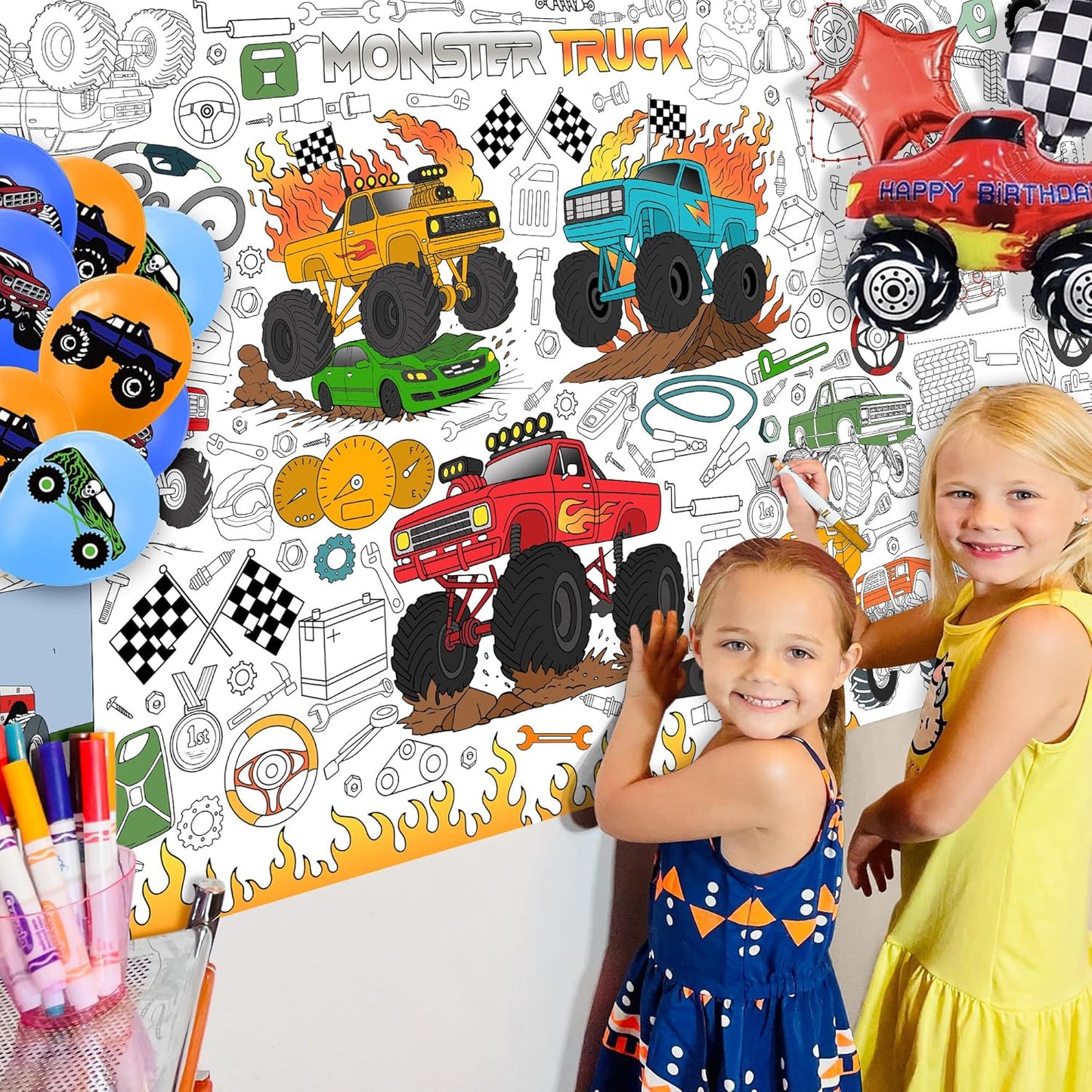 Monster Truck Coloring Tablecloth - Large 30x72 Inch for Kids | Perfect for Birthday Parties & Classroom Fun