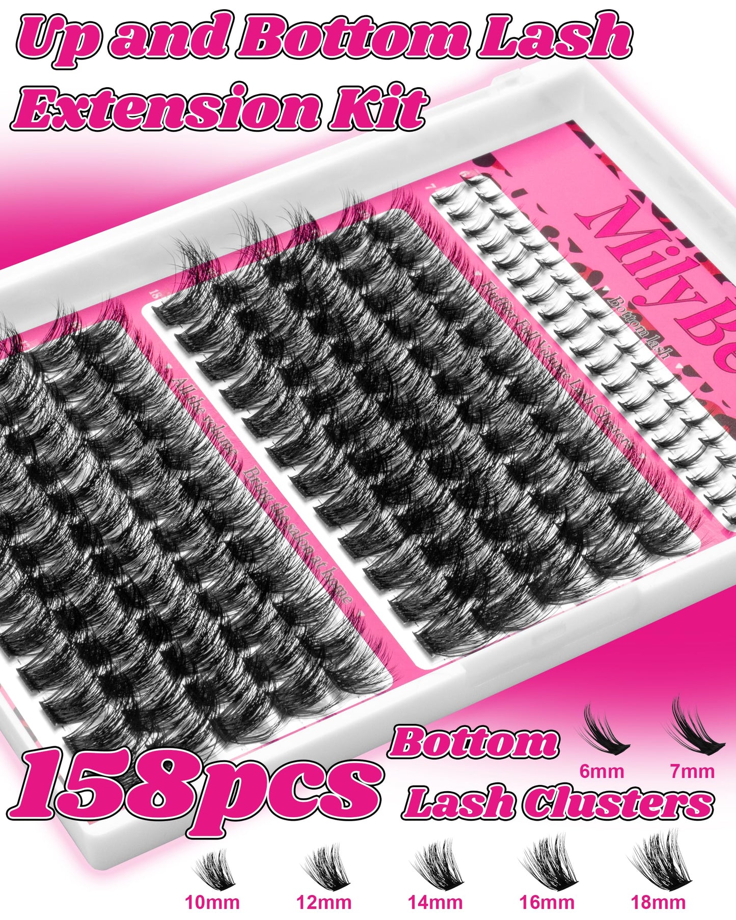 MilyBest Fable Lash Clusters Kit Volume Fluffy Eyelash Clusters with Bottom Lashes 10-18mm Individual Lashes Clusters Manga Lash Extension Kit Waterproof Bond and Seal Thick Full D-Curly Eyelashes