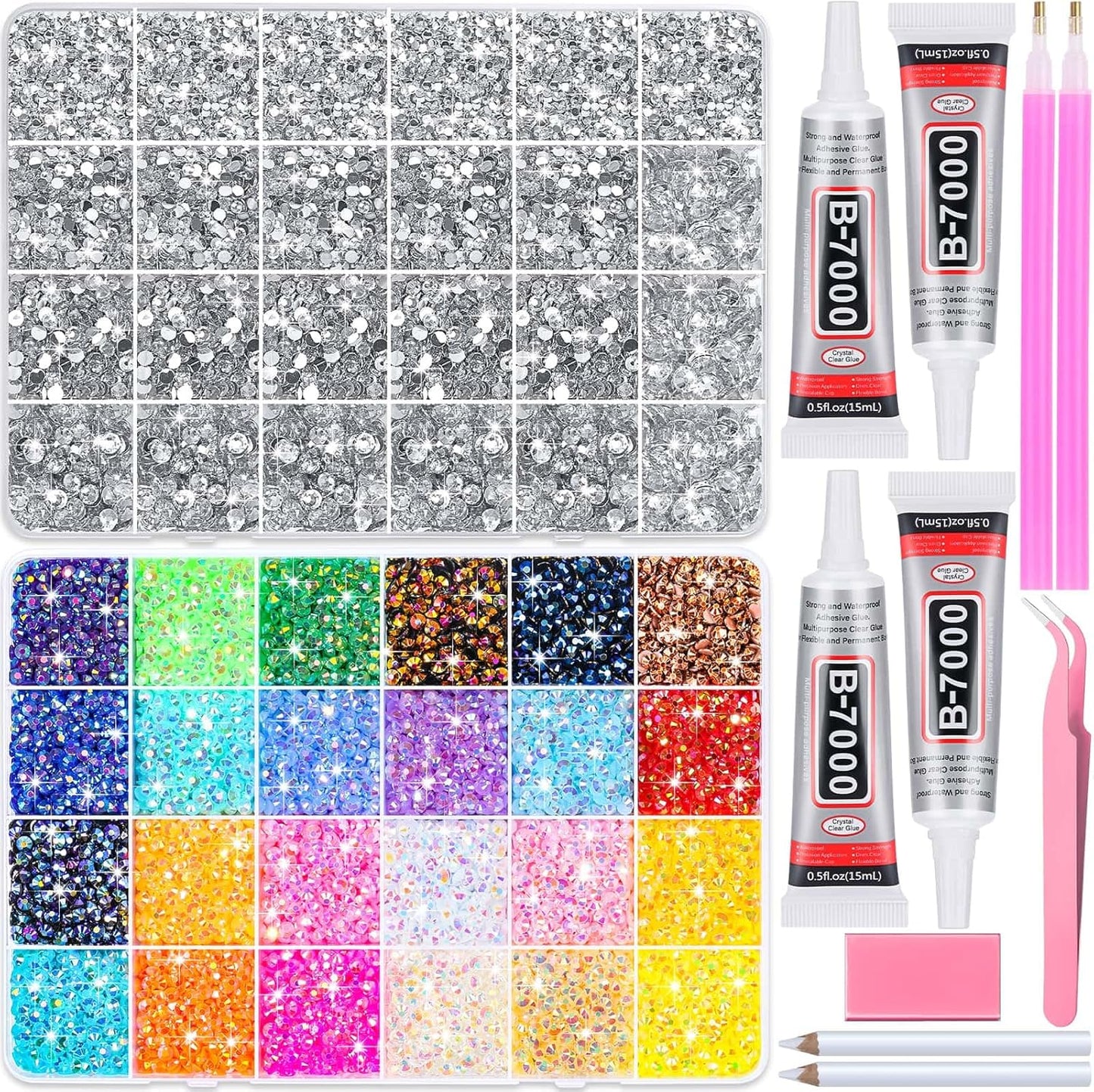 Resin Rhinestones 40000 Pcs - Rainbow Flat Back Gems with B7000 Glue for DIY Crafts | Perfect for Graduation Caps, Clothes, Tumblers, Shoes, Nails
