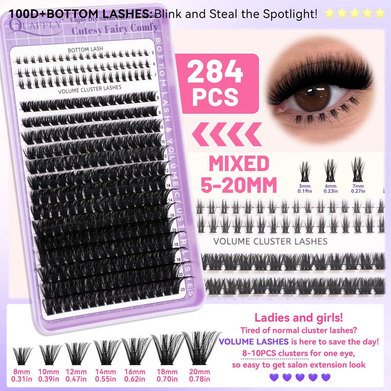QUAFFLY 1274Pcs Lash Extension Kit 40D+60D+80D+100D+Bottom Lashes+Spike lashes Individual Lash Clusters With Lash Bond&Seal Remover Tweezer Lash Curler for Natural DIY Cluster Eyelash Extensions Kit