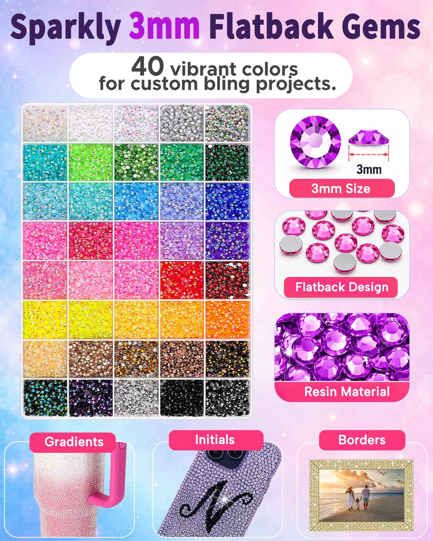 Lacuewa 50000 Pcs 3mm Flatback Rhinestones Kit for Bedazzling, 40 Colors