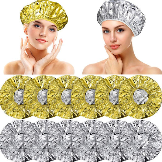 12 Pieces Deep Conditioning Caps Aluminum Foil Reusable Hair Processing Hair Coloring Shower Caps for Home Salon Use(12 Inch,Golden, Silvery)