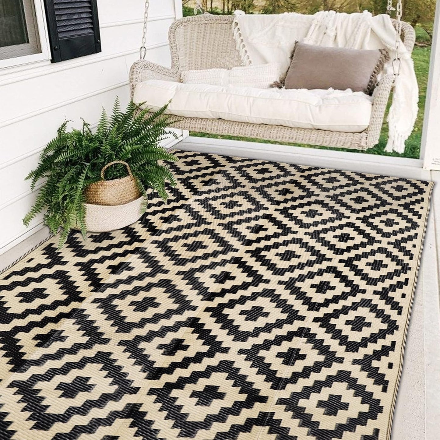 Waterproof Outdoor Rug - Reversible Plastic Area Rug for Patio, RV, Deck | 5x8 ft, Black & Beige