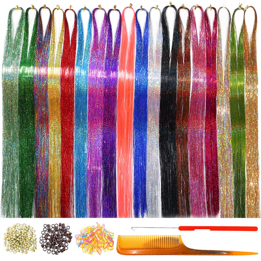 HandWig Hair Tinsel Kit 18 Colors 47 Inch Heat Resistant Reusable Stretchable Durable Shiny Hair Tinsel Strands for Women Girls Daily Wear Festival Party Cosplay Halloween Christmas Hair Accessories