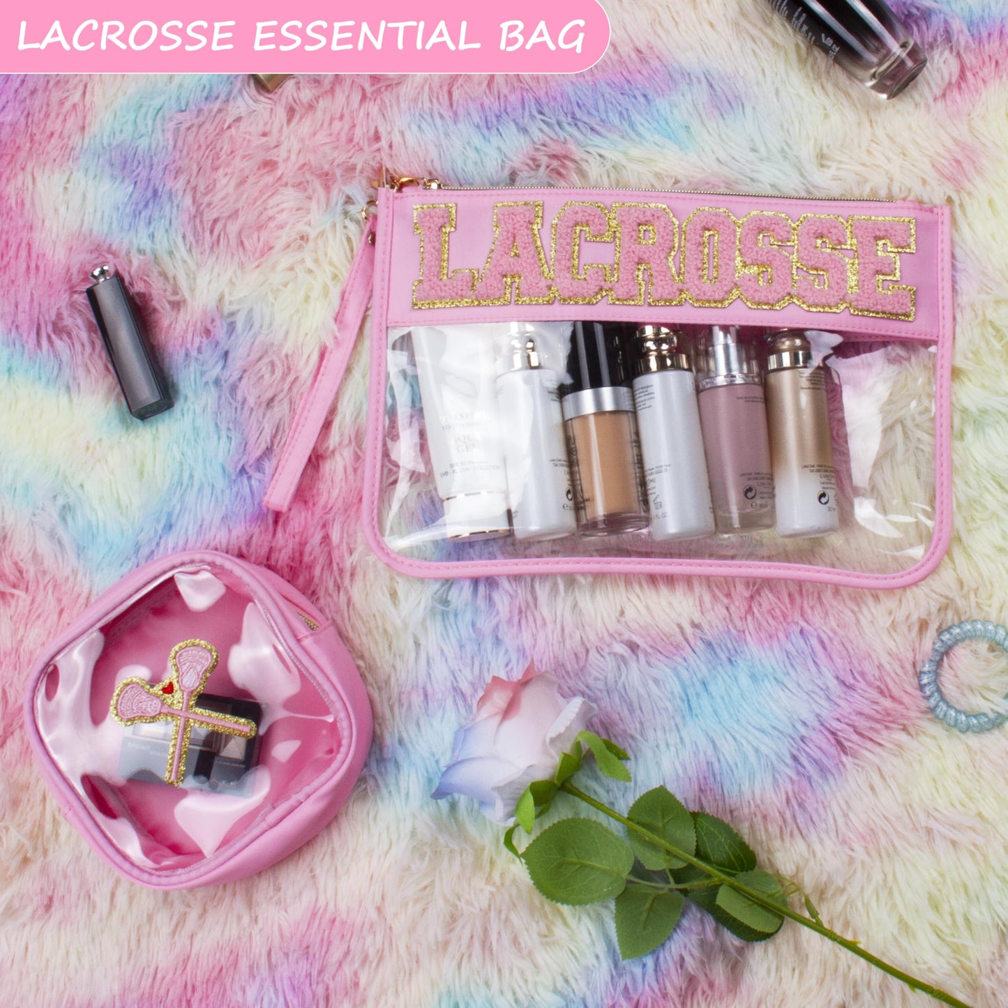 BuyCard 2 Pcs Lacrosse Gifts Makeup Bag with Chenille Letter Patch, Clear Cosmetic Pouch PVC Organizer Purse, Waterproof Travel Bag, Portable Toiletry Storage Bag for Her Girls Friends Women