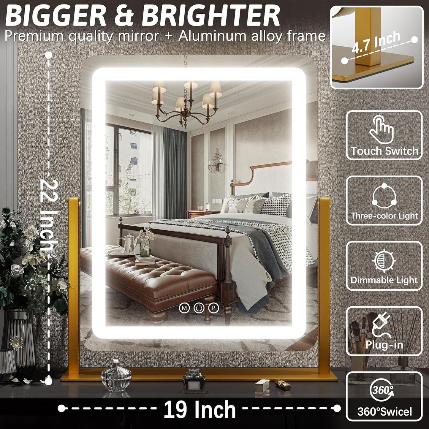 FENNIO 22-Inch LED Lighted Makeup Mirror - Dimmable Touch Screen with 3-Color Lighting | Gold Finish