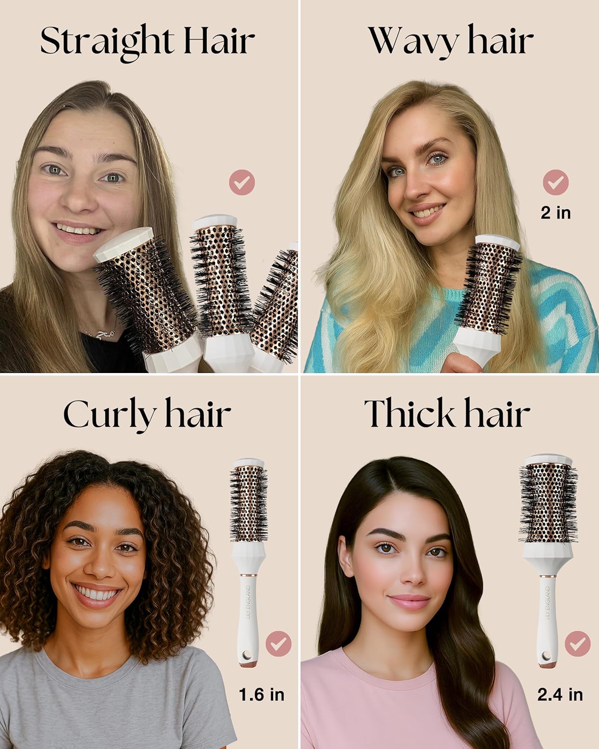 Round Hair Brush Set - 4 Piece Professional Blow Dry Kit with 3 Brushes & Comb | Ideal Beauty Gift for Women - White