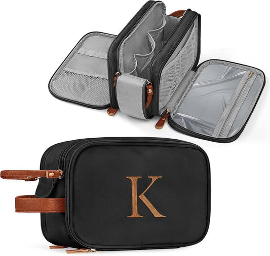 Men's Toiletry Travel Bag - Water-Resistant Dopp Kit for Travel | Personalized Gifts for Boyfriend, Husband, Dad - Black, Letter K