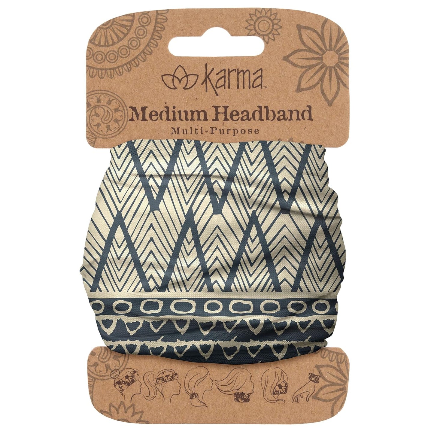 Floral Headband for Women | Stretchy Fabric Hair Scarf - Light Tan & Blue - Medium Size