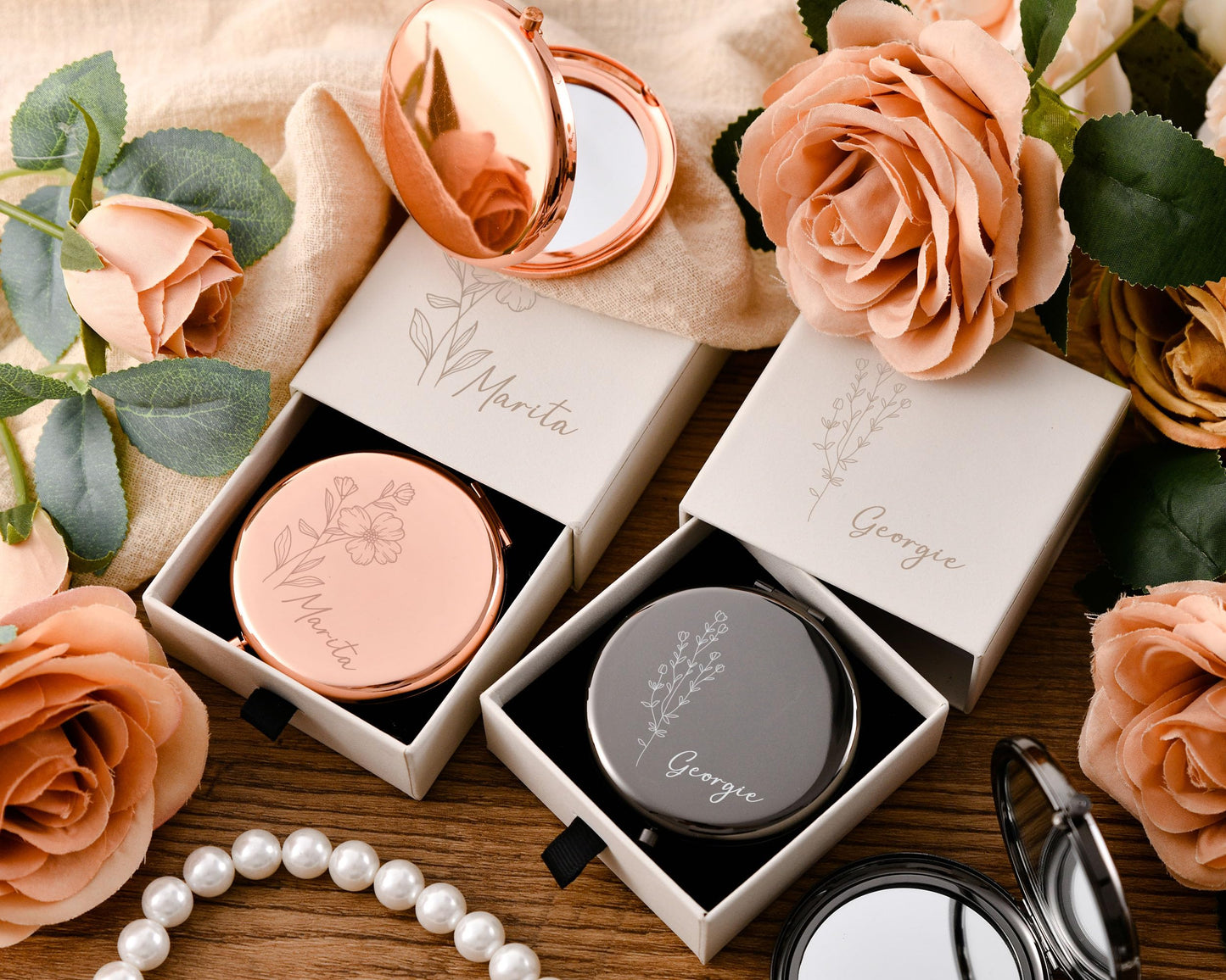 Personalized Bridesmaids Mini Makeup Mirror - Custom Engraved Wedding Favor - Elegant Compact Mirror -Bridal Party Gifts Bridesmaids Gifts