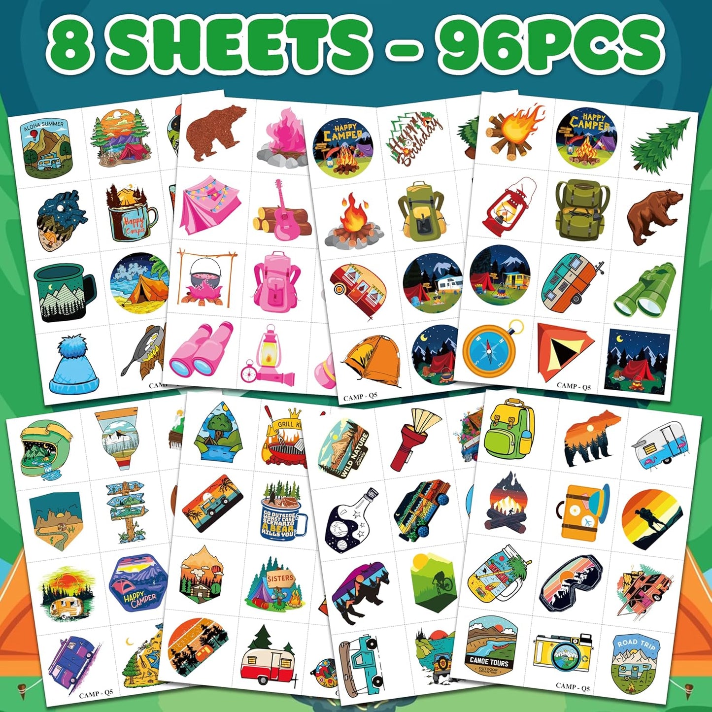 Pre-Cut Temporary Tattoos for Kids - 96 PCS Cute Camping Party Favors | 8 Sheets of Fun Stickers