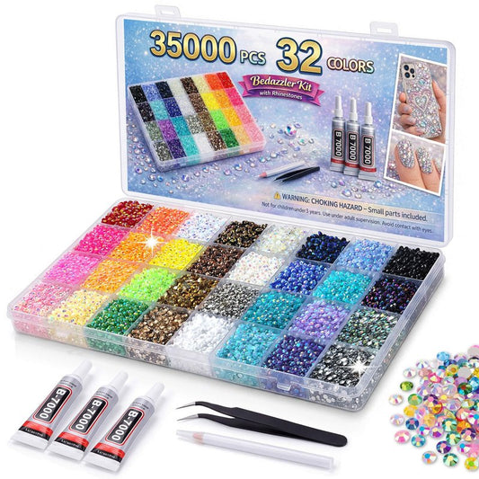 3500Pcs 32 Colors Rhinestones for Bedazzling, 3mm Multicolor Resin Flatback Gems for Diamond Art, Bedazzler Kit with 3Pcs 10ml B7000 Jewelry Glue for Crafting Nails Clothes Shoes Book