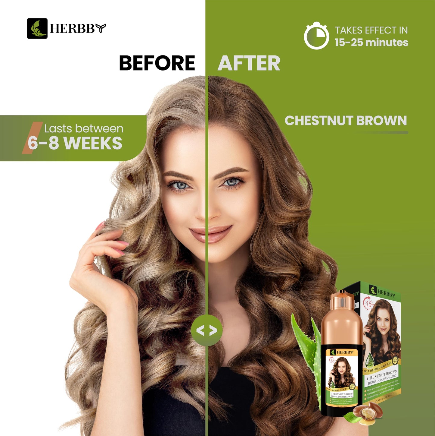HERBBY Gray Hair Coverage Shampoo & Conditioner - Color Transform with 9 Herbal Extracts, Long-Lasting (6-8 Weeks), Shiny, Even Coloring, Instant Hair Dye, 500 ml (CHESTNUT BROWN)