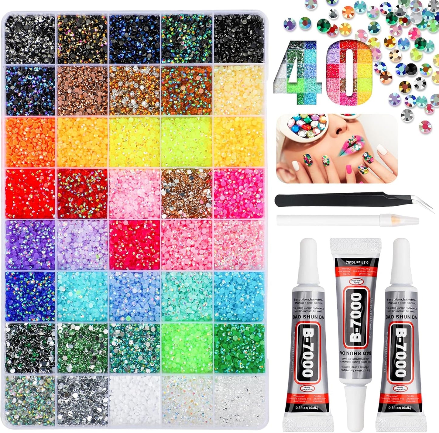 Bedazzling Kit - 50000 Pcs Jelly Rhinestones for Crafting | 40 Colors, 3mm Flatback Gems, Glue & Tools Included