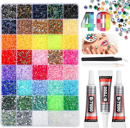 Bedazzling Kit - 50000 Pcs Jelly Rhinestones for Crafting | 40 Colors, 3mm Flatback Gems, Glue & Tools Included