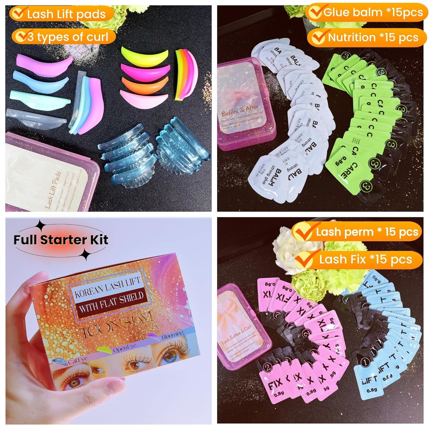 Korean Lash Lift Kit - Professional Eyelash Perming Set with Flat Shields | 15 Sachets for Quick 9-Minute Curling