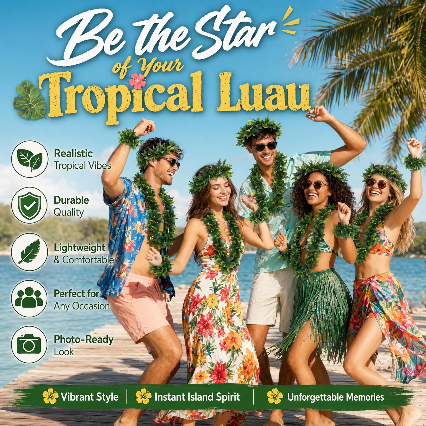 Housoutil Hawaiian Green Leaf Leis Set, Green Hawaiian Party Garland, Tropical Hula Dance Accessories, Artificial Foliage Necklace Headband Wristbands, Summer Beach Jungle Hula Costume for Party