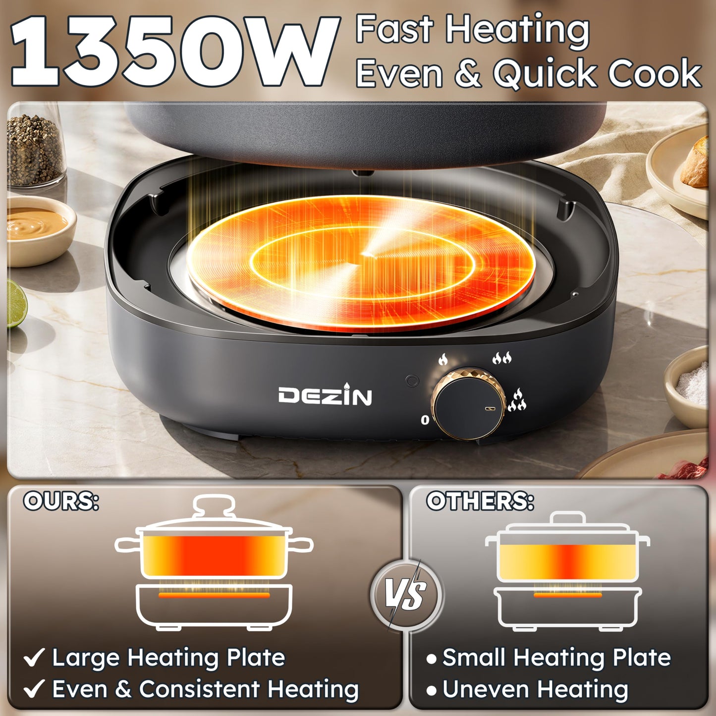 Dezin Hot Pot Electric with Divider, 4L Dual-Flavor Electric Shabu Shabu Pot, Removable Nonstick Pot Easy to Clean, Multi-Power Control for Family & Friends Gathering, Silicone Ladle Included
