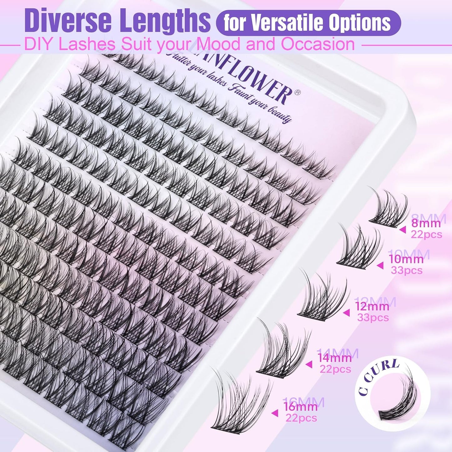 Natural Lash Clusters Kit - Wispy C Curved Eyelash Extensions | 8-16mm Individual Lashes with Bond & Tweezers