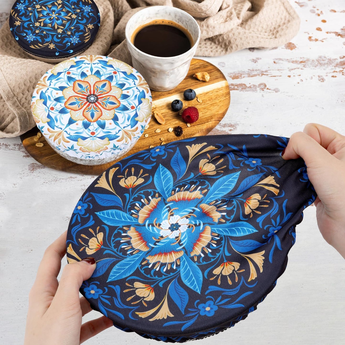 Revahope 5 Pieces Bowl Covers Reusable, 5 Size Elastic Cloth Bowl Covers for Bread Proofing Stretch Food Covers Washable for Food Fruits Leftover (Lozenge Floral)
