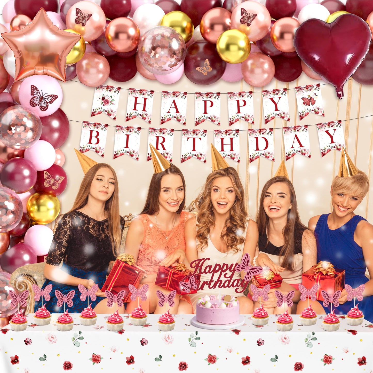 Burgundy Birthday Decorations for Women Girls, 144PCS Red and Rose Gold Party Supplies with Happy Birthday Banner & Backdrop, Tablecloth, 3D Butterfly Stickers, Balloon Arch Kit for Birthday Decor