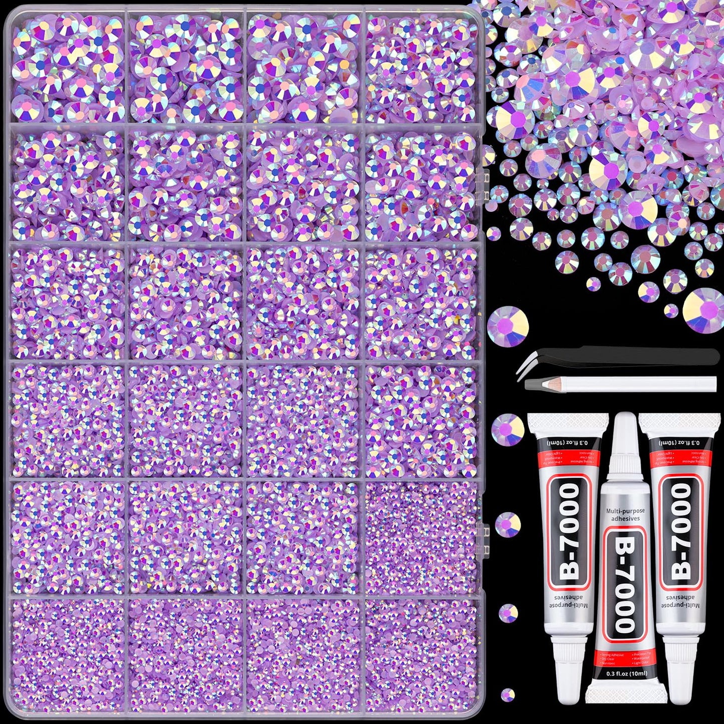 Resin Rhinestones - 32000 Pcs Flatback Gems for Bedazzling | Silver Clear Crystal Kit with 3 Pcs B7000 Glue for Nail Art & Crafts
