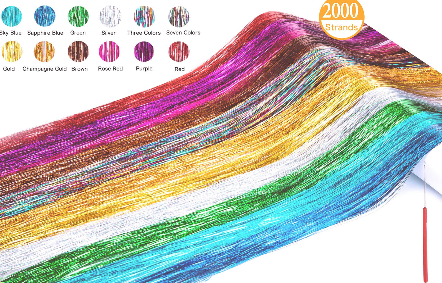 Hair Tinsel Kit 12 Colors, 2500 Strands 48 Inches Sparkling Hair Extensions With Tool, Fairy Hair for Birthday Halloween Christmas New Year Party