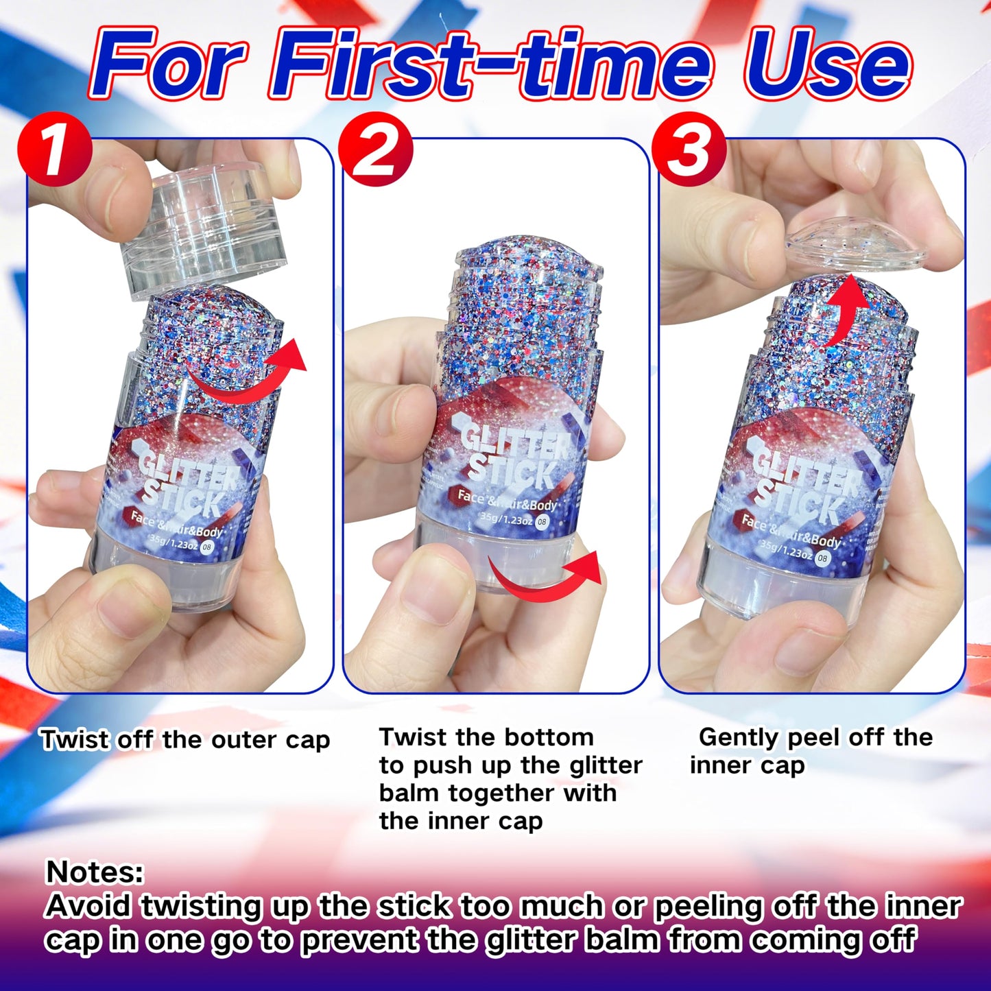 MEICOLY 4th of July Face Glitter Stick,1.23 OZ Red, White and Blue Hair Glitter Patriotic Accessories Outfits for Women,Chunky Fourth of July Body Glitter Makeup for Independence Day