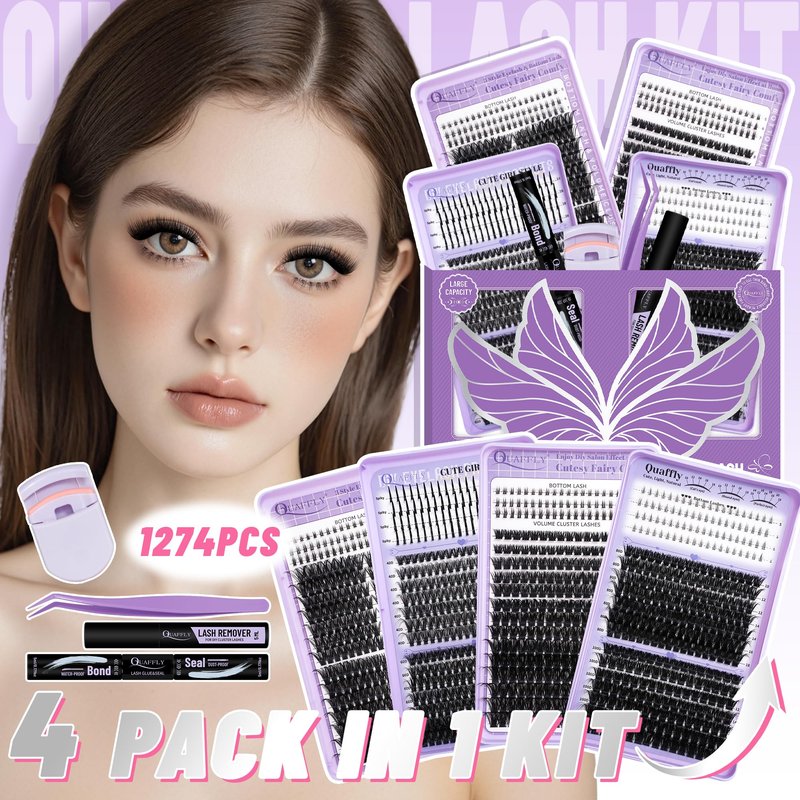QUAFFLY 1274Pcs Lash Extension Kit 40D+60D+80D+100D+Bottom Lashes+Spike lashes Individual Lash Clusters With Lash Bond&Seal Remover Tweezer Lash Curler for Natural DIY Cluster Eyelash Extensions Kit