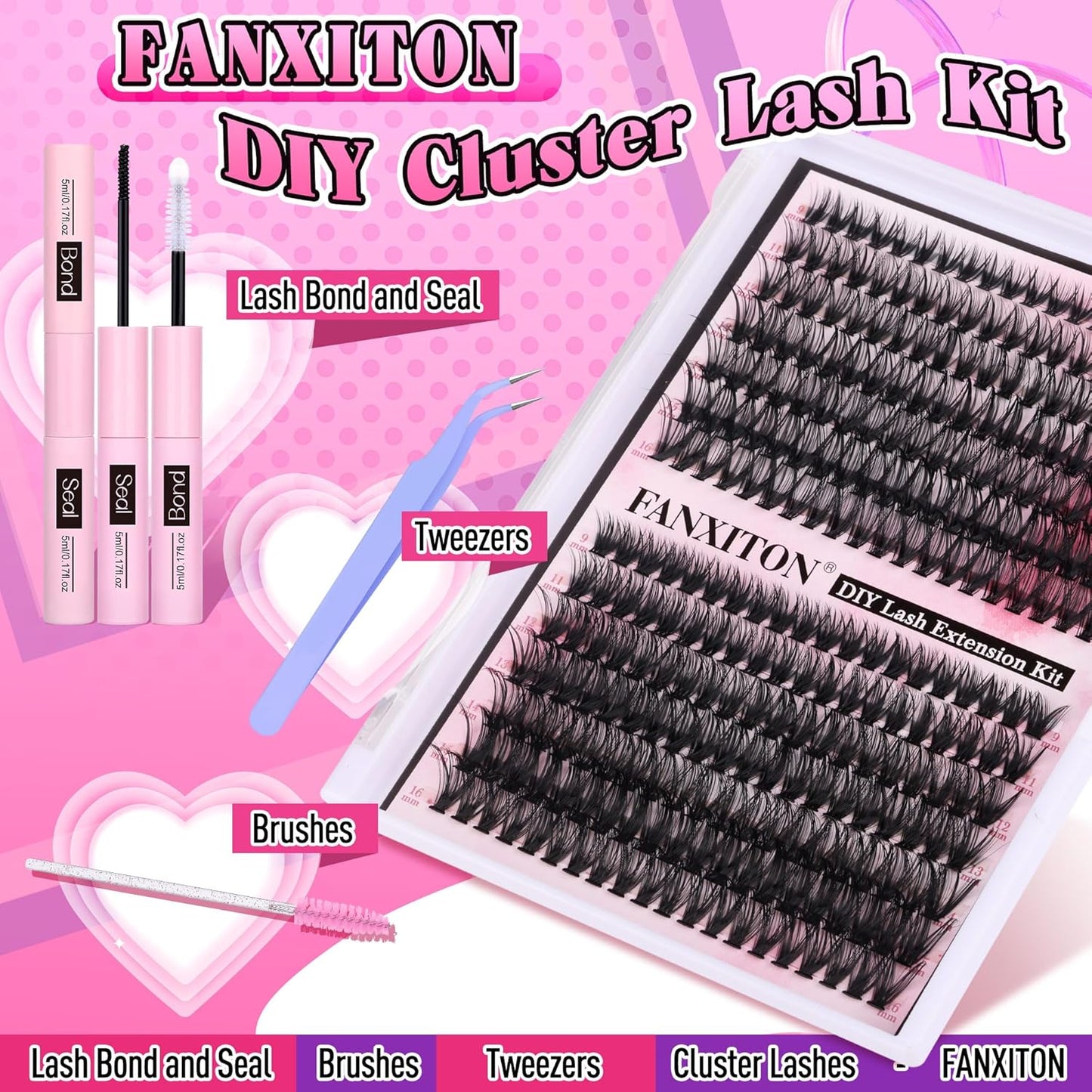DIY Eyelash Extension Kit - Thick Volume 40D & 50D Cluster Lashes | 280 Pieces with Bond & Tweezers
