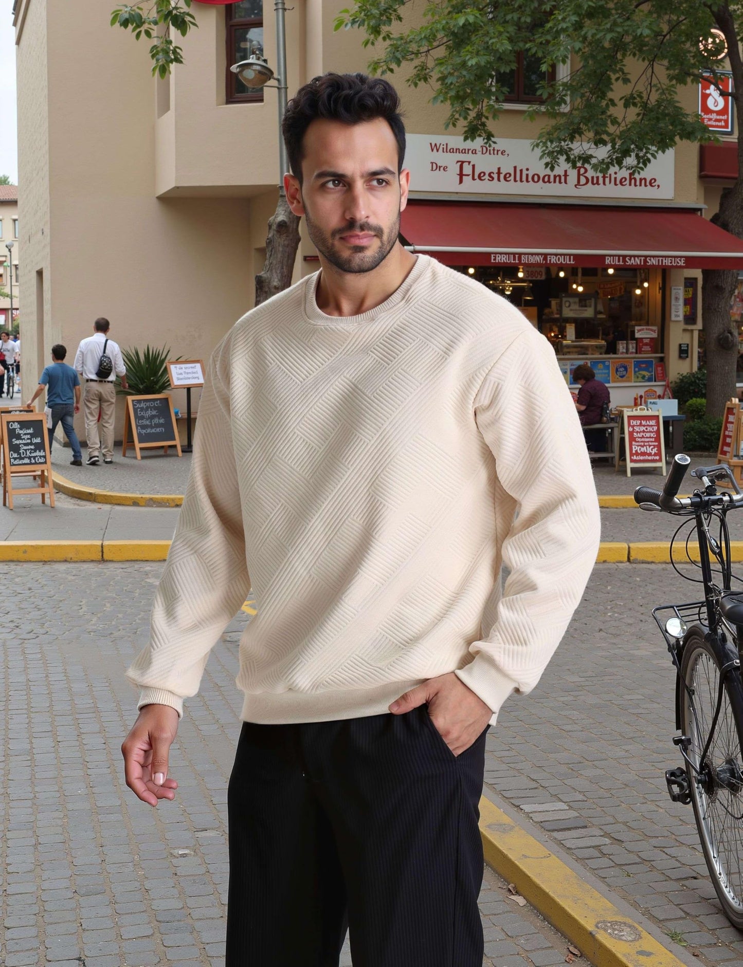 LUYIJIESHENG Men's Apricot Crewneck Long Sleeve Basic Pullover Sweatshirt Soild Color Geometric Texture Casual Crewneck Sweatshirts S