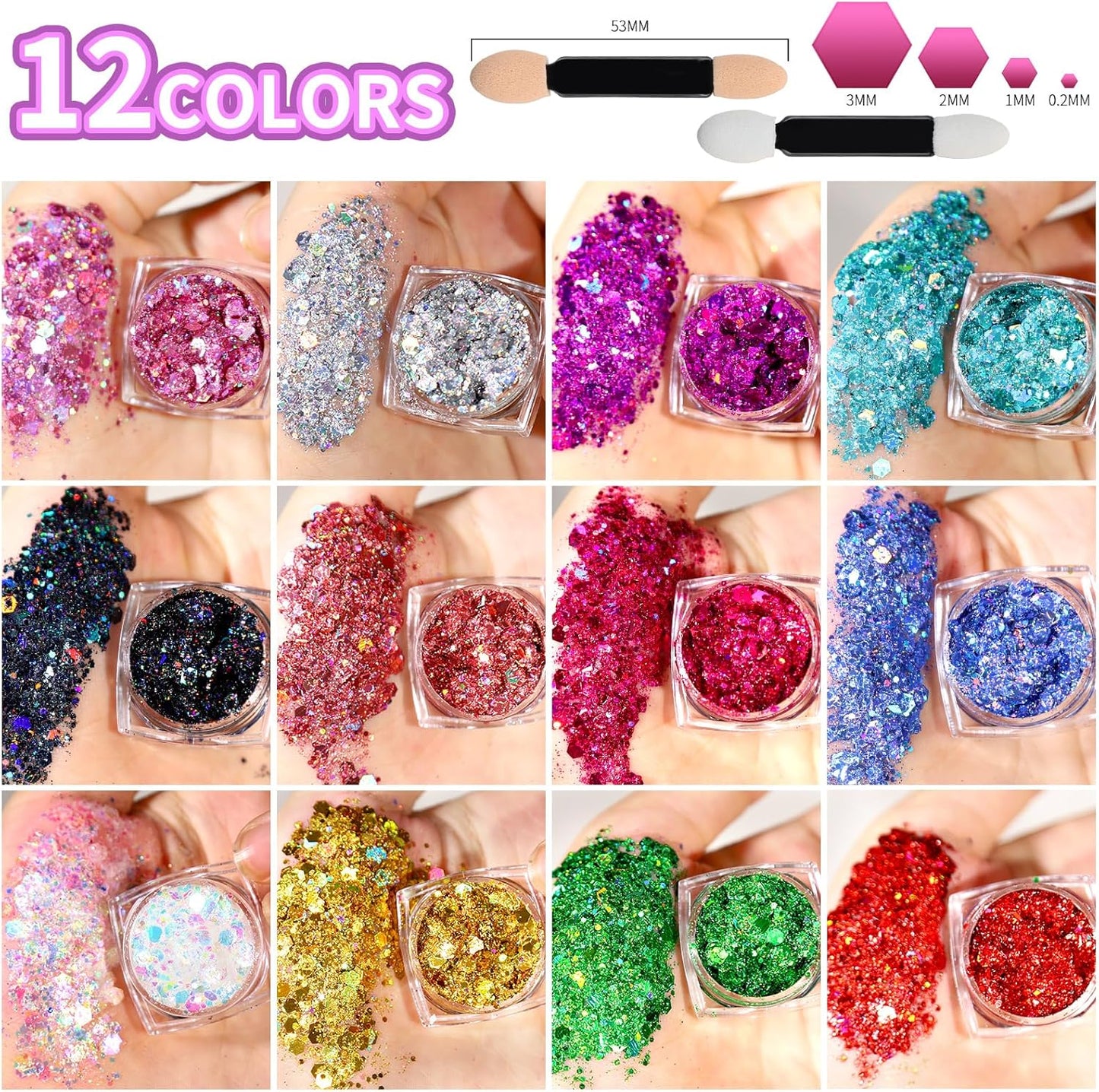 Body Glitter Gel - 12 Colors Festival Makeup for Face & Hair | Sparkling Body Glitter