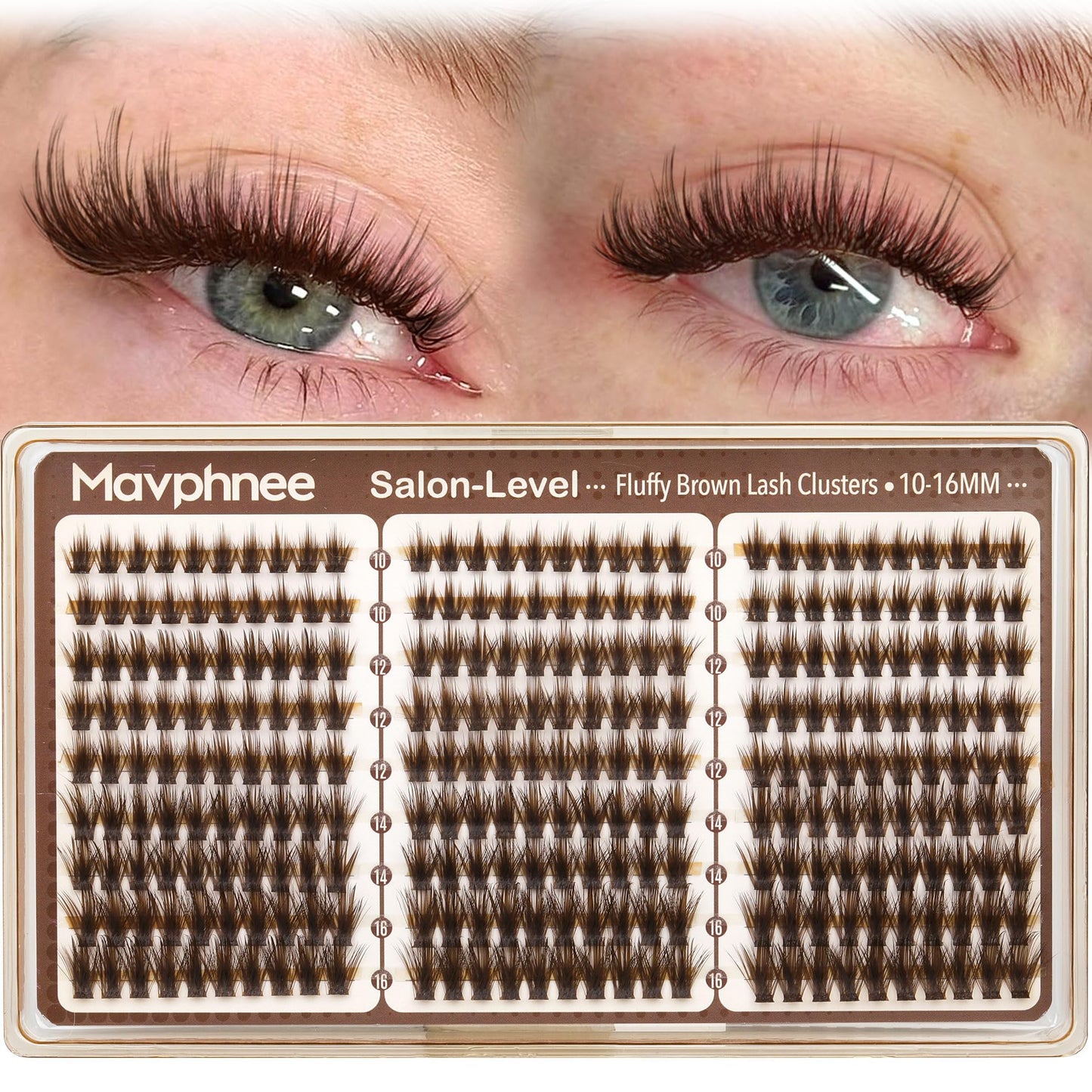 Mavphnee Brown Lash Clusters – Wispy Fluffy Individual Eyelash Extensions Dark Brown Featherlight Lashes with Seamless Flexible Band & CC Curl, 10-12-14-16MM 270PCS Value Pack