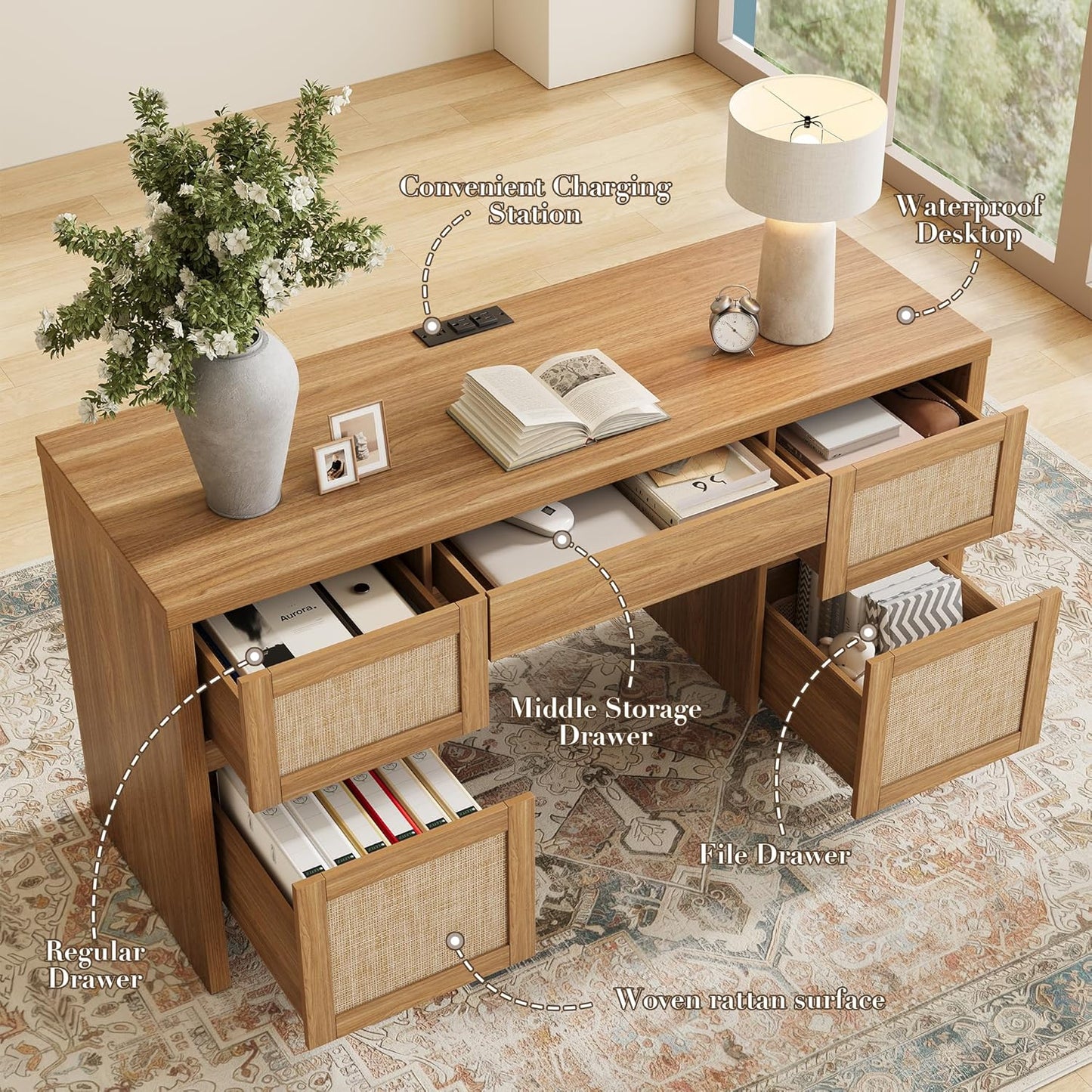 Yechen Executive Desk - 57" Modern Rattan Home Office Desk with Charging Station | Walnut Brown, 5 Drawers